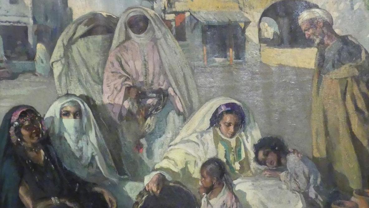 José Cruz Herrera (1890-1972), Scène de marché, huile sur toile, signée, 90 x 117 cm.... Marché marocain par José Cruz Herrera