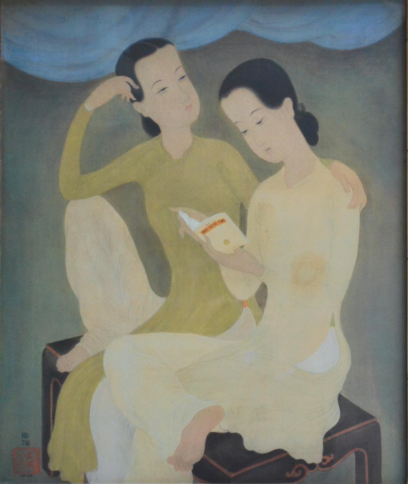 Mai Trung Thu, dit Mai-Thu (1906-1980), La Lecture, 1943, peinture sur soie signée et datée, 54 x 45 cm à vue (détail). Adjugé : 210 800 €