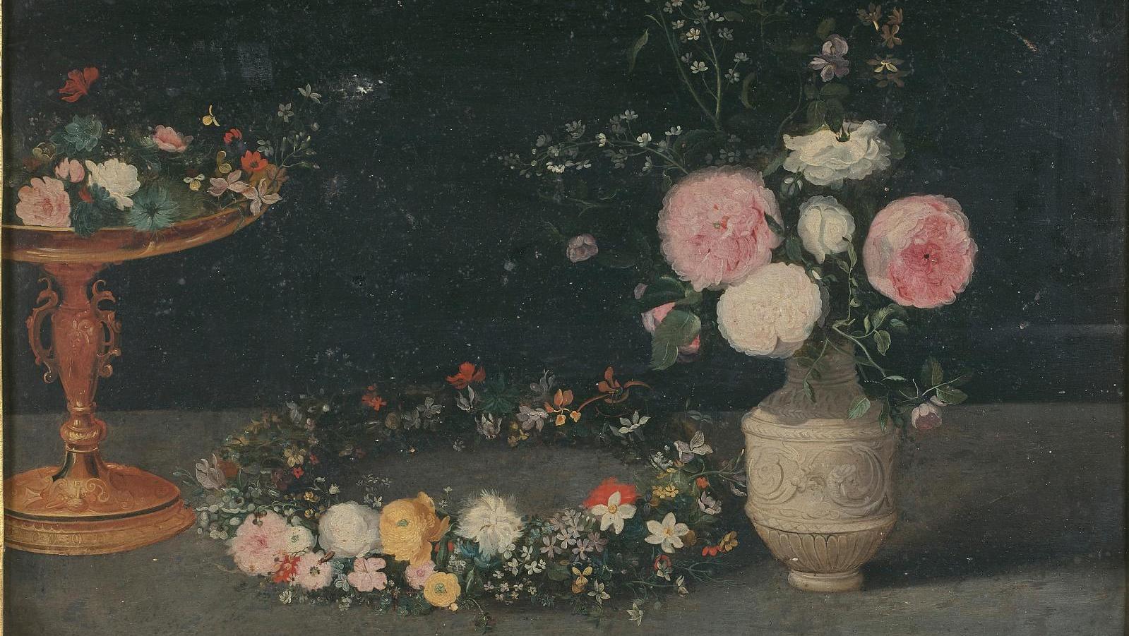 Jan Bruegel le Jeune (1601-1678), Nature morte à la tazza, fleurs et couronne posée... Une vente d’automne sous  le signe de Testore et Bruegel 