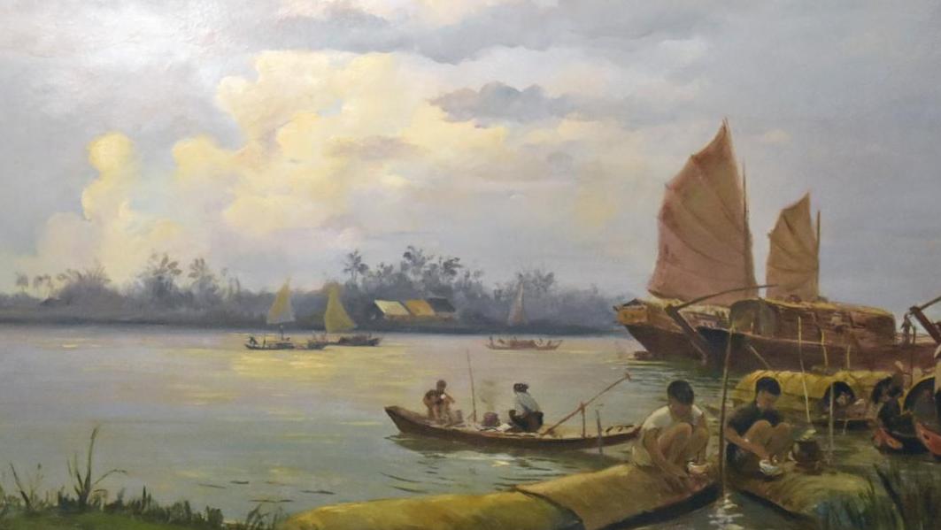 Roger Chapelet (1903-1995), Scène de pêche en baie d’Halong, huile sur Isorel, signée,... Pêcheurs de la baie d’Halong par Chapelet