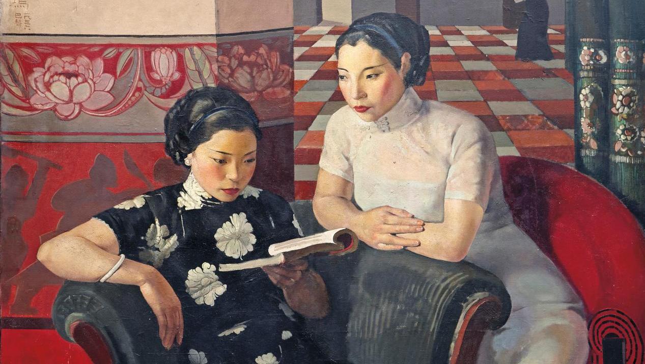 Chang Shuhong (1904-1994), Deux sœurs au salon, 1936, huile sur toile signée, située... Record pour Deux Sœurs de Chang Shuhong