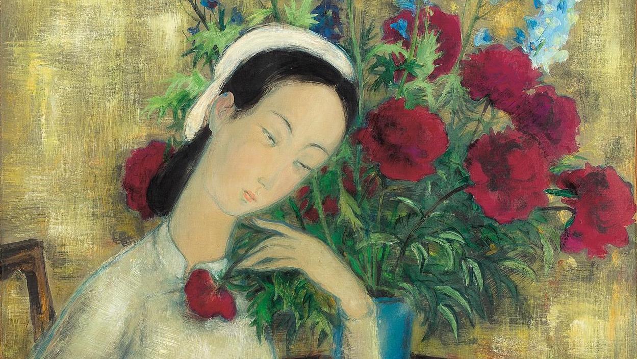 Lé Phô (1907-2001), Jeune fille aux pivoines, vers 1945, encre et couleurs sur soie,... Un résultat millionnaire pour Lé Phô
