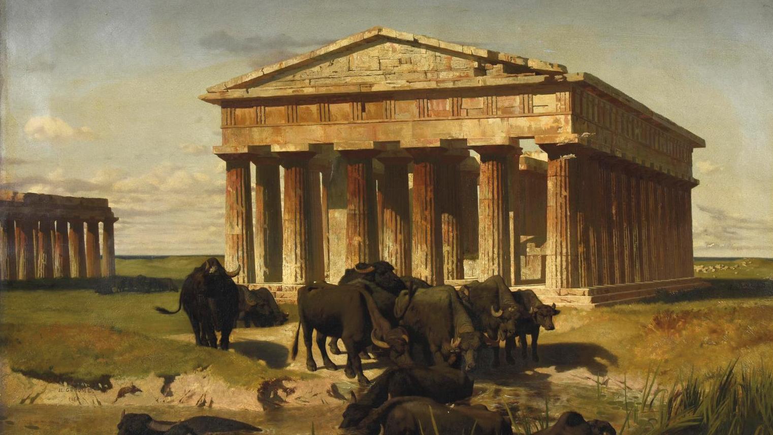 Jean-Léon Gérôme (1824-1904), Paestum, troupeau de buffles, huile sur toile, signée... Une moisson de résultats