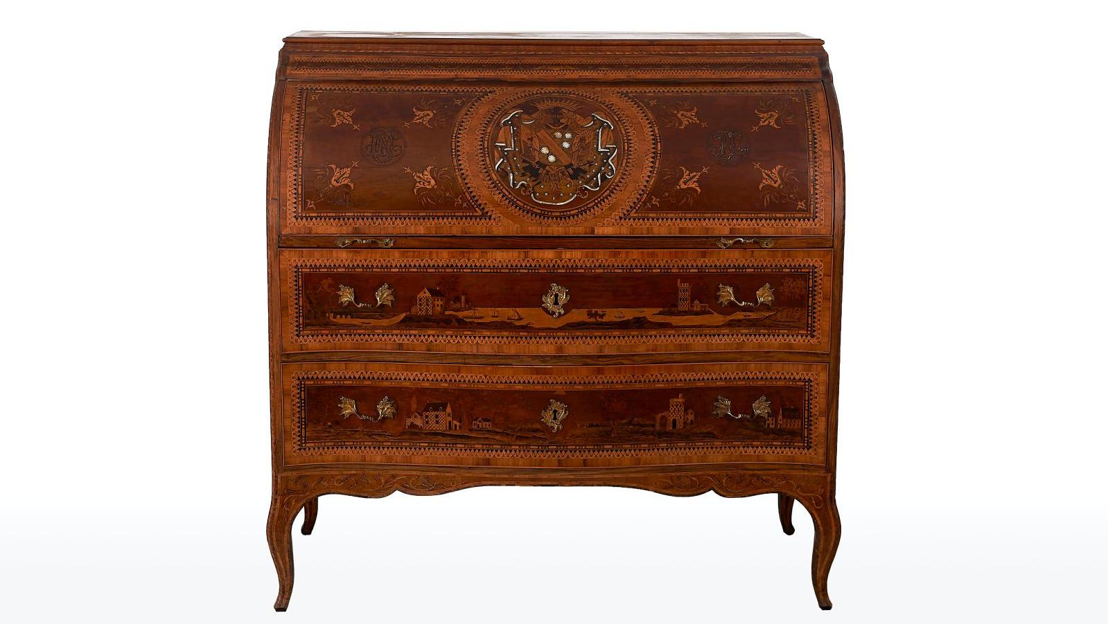 Spain, c. 1770, rolltop desk forming a commode with landscape marquetry, keyholes... The 18th-century Desk of Count of Asalto, Francisco González de Bassecourt