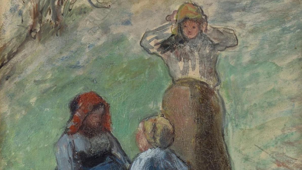 Camille Pissarro (1830-1903), Trois paysannes, deux agenouillées et une debout, vers... Dessine-moi les peintres du XIXe siècle, Pissarro en tête...