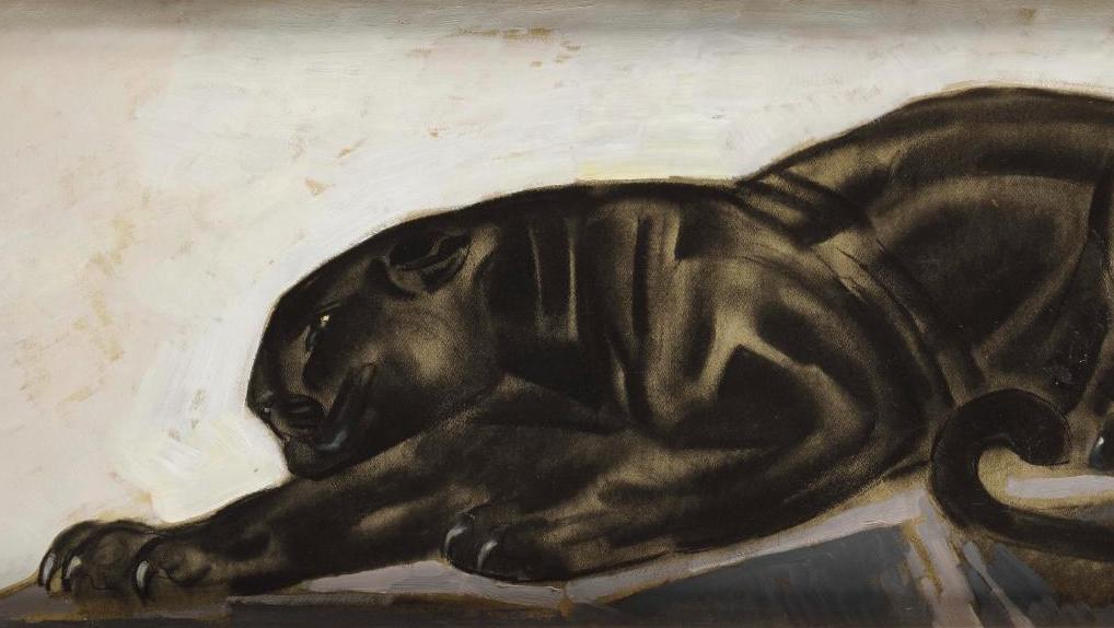 Paul Jouve (1878-1973), Panthère allongée, huile et fusain sur papier marouflé sur... Une touche féline