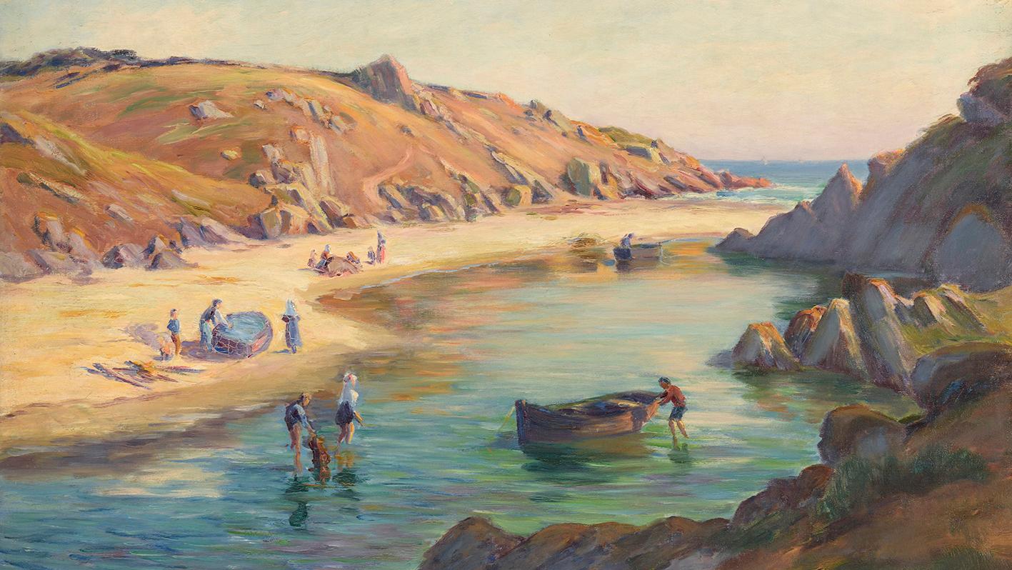 Charles Wislin (1852-1932), Baignade par beau temps dans le Finistère, huile sur... Poésie de la nature