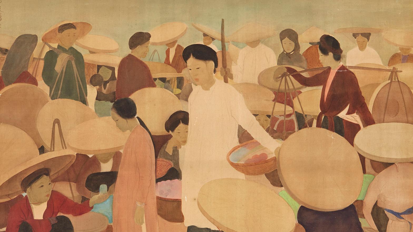 Nguyen Phan Chanh (1892-1984), Scène de marché, 1937, aquarelle et encre sur soie,... Record français pour Phan Chanh