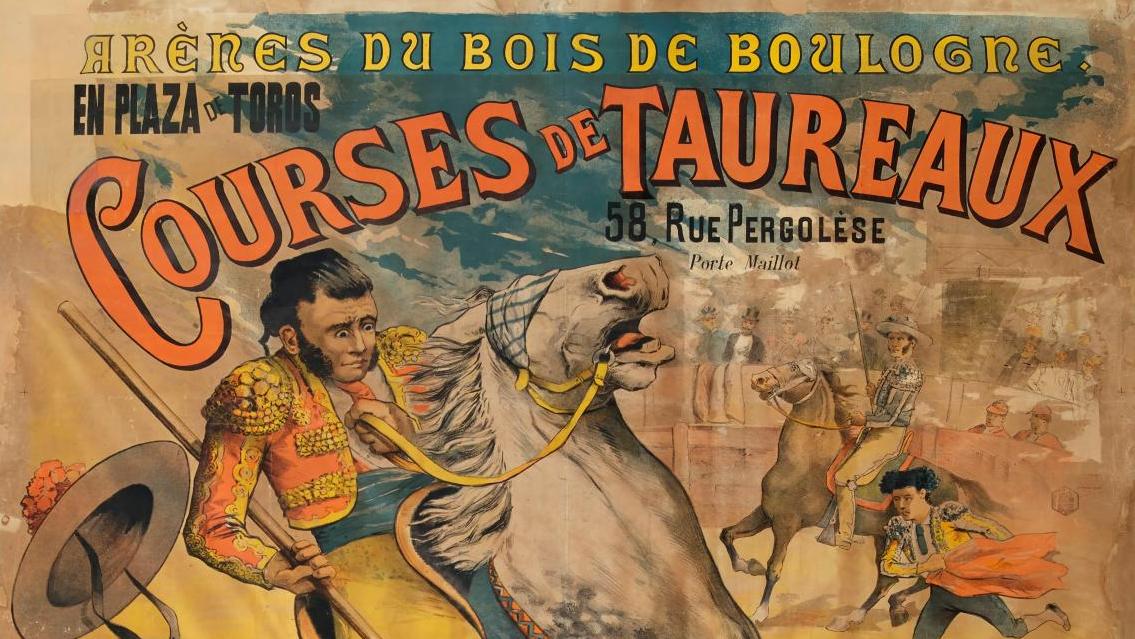 Affiche lithographiée entoilée, Paris, arènes du bois de Boulogne en Plaza de toros... Sous le signe du taureau
