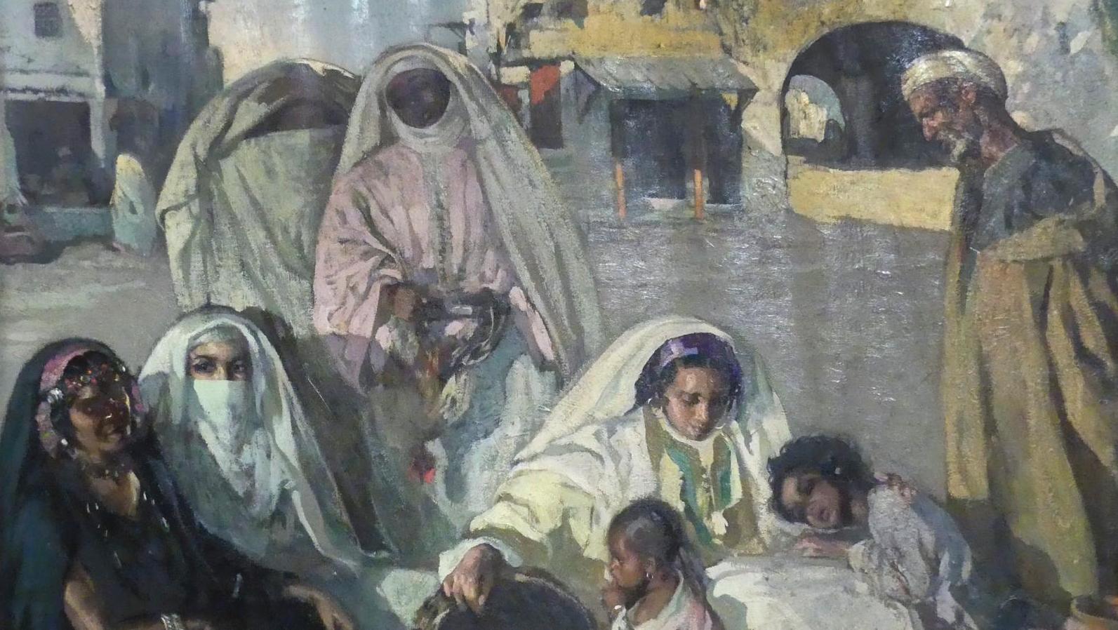 José Cruz Herrera (1890-1972), Scène de marché, huile sur toile signée, 90 x 117... Cruz Herrera ou la fascination du Maroc