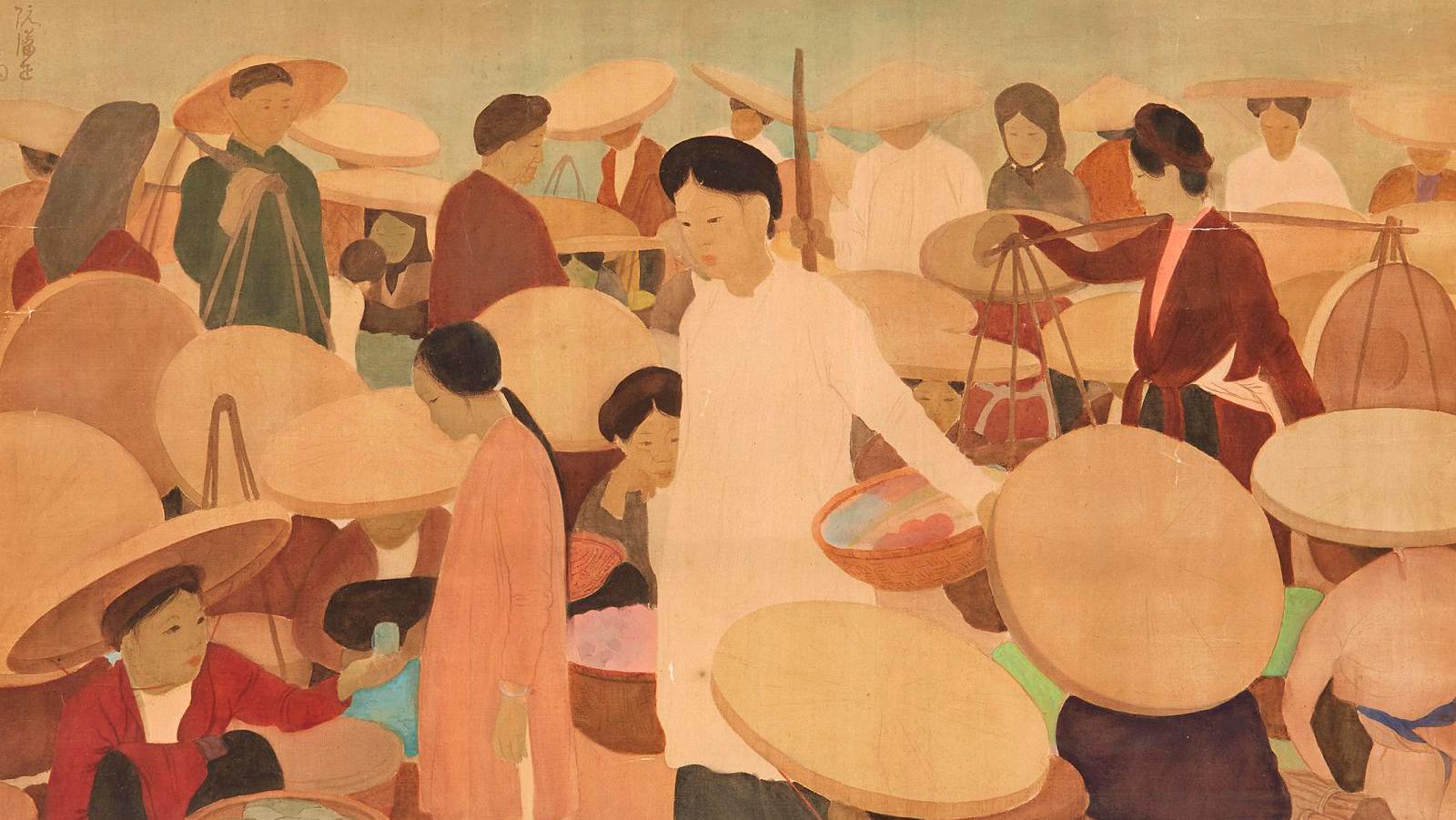 Nguyen Phan Chanh (1892-1984), Market Scene, 1937, watercolor and ink on silk 57.5... A French record for Vietnamese artist Phan Chanh