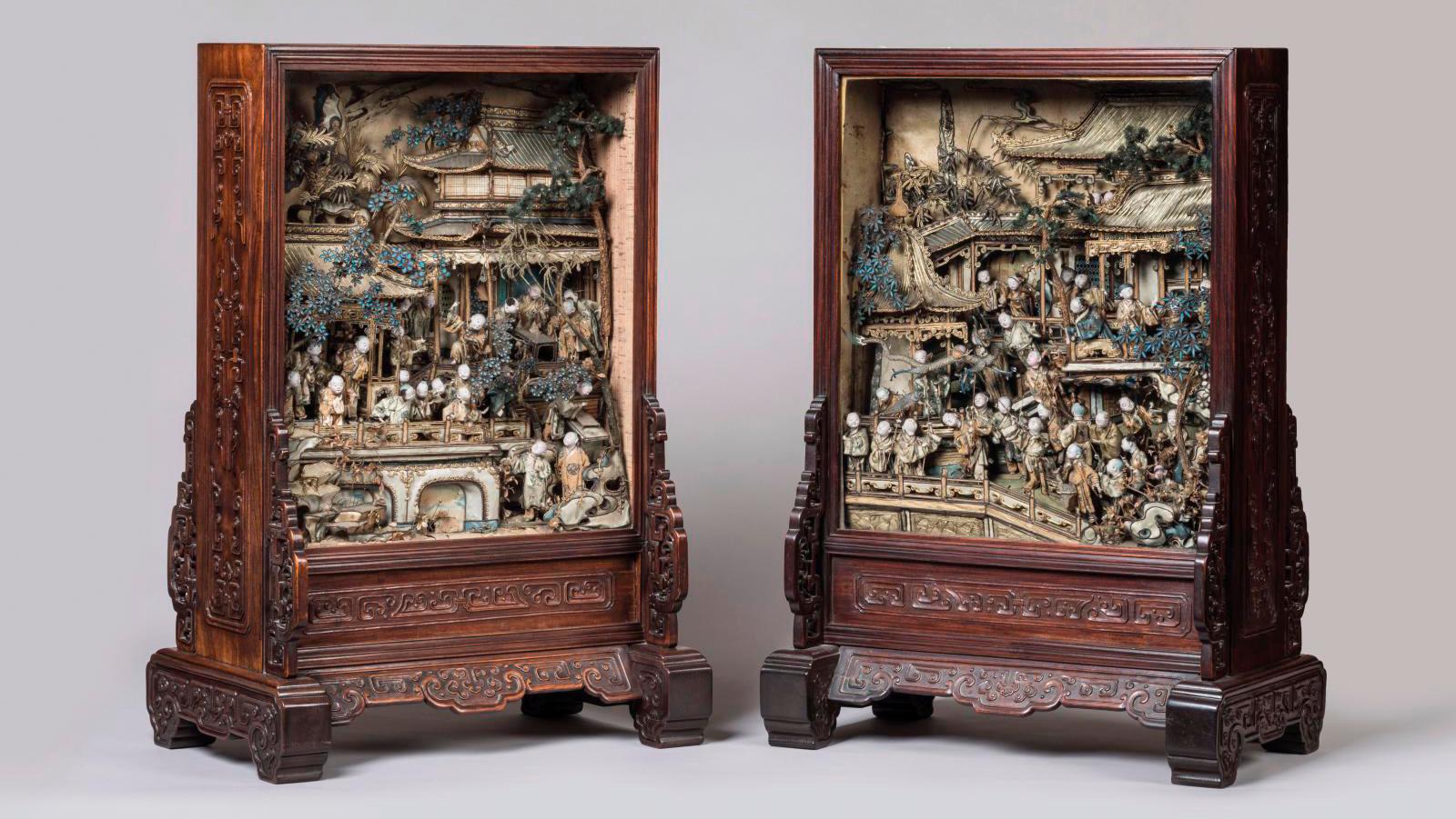 China, Canton, late 18th century, pair of dioramas in polychrome silk with appliqué... Art Comes to Life in Two Chinese Dioramas