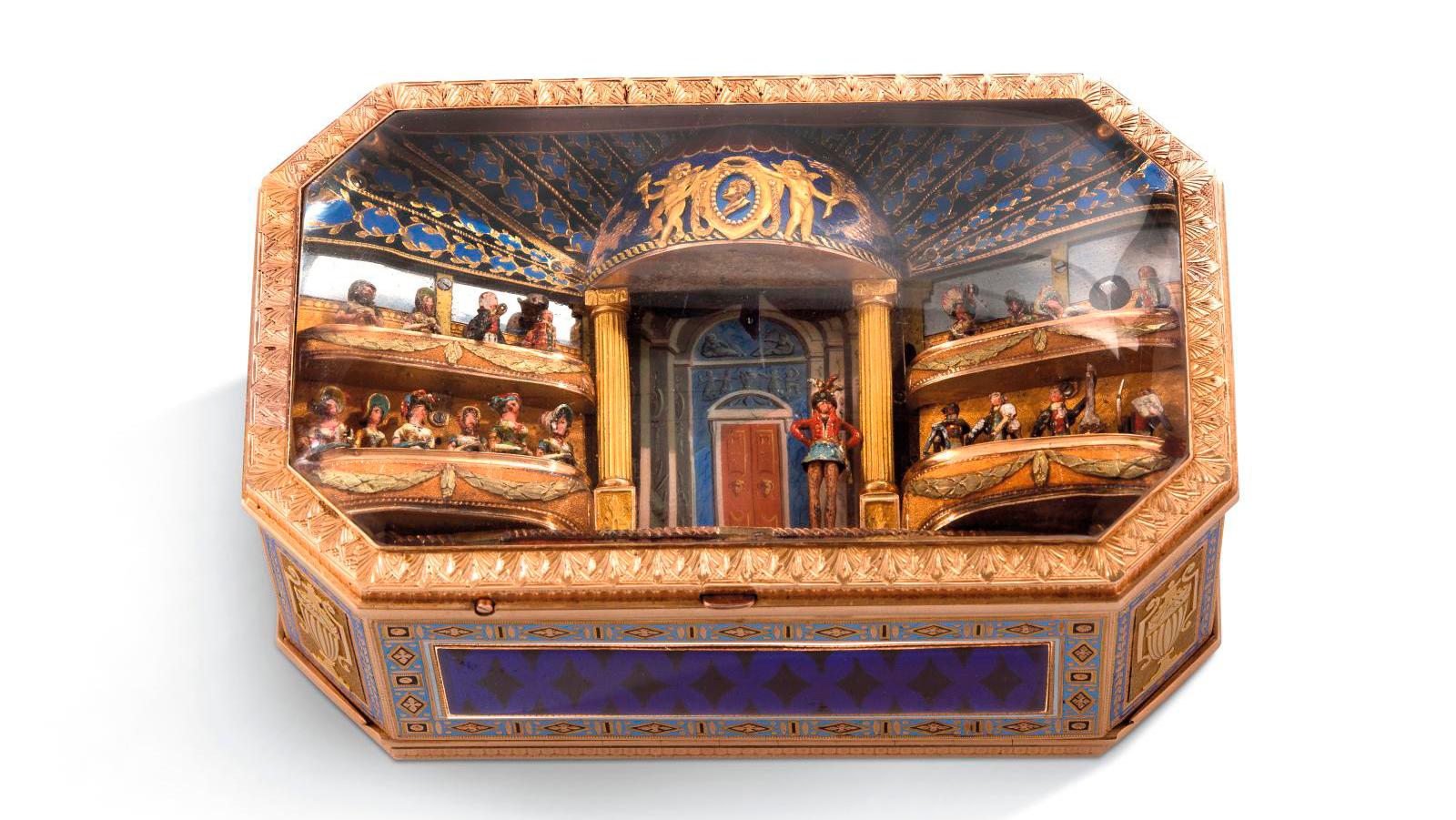 Attributed to Frères Rochat, Geneva, c. 1820, music box with automatons in yellow,... Exquisite Automatons and Treasures of Science