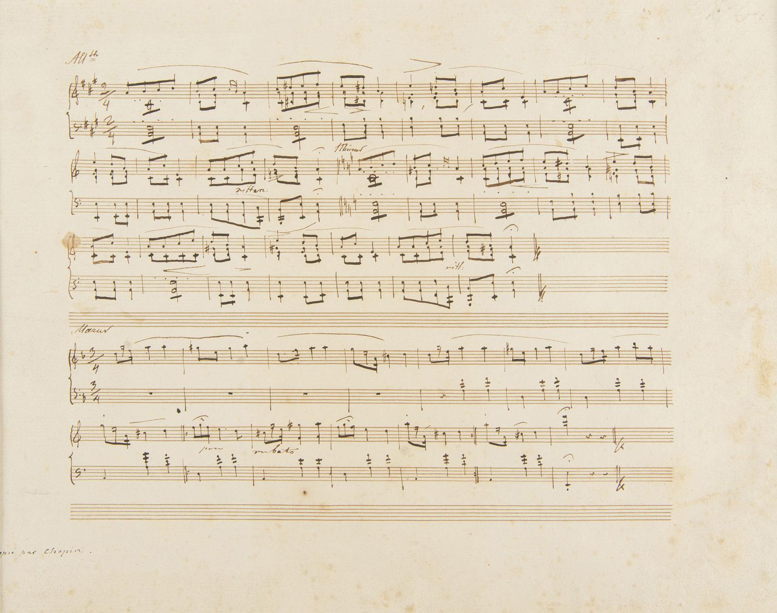 Frédéric Chopin (1810-1849), manuscrit musical autographe signé « Ch», Allegretto et Mazur [KK VIIb 7-8], [vers 1832-1833] ; 1 page oblong