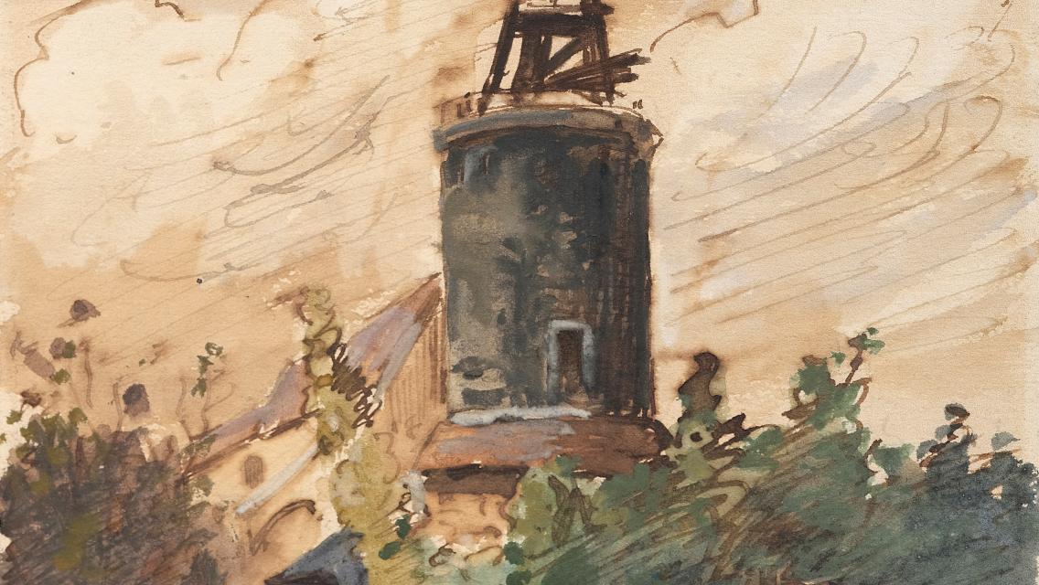 Camille Pissarro (1830-1903), L’Ancien Télégraphe de Montmartre, aquarelle gouachée... Camille Pissarro à Montmartre
