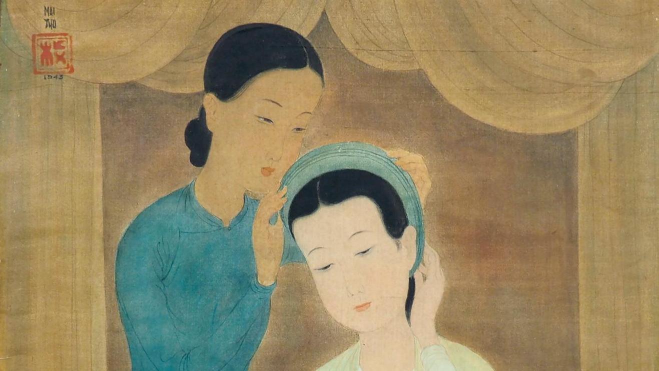 Mai-Thu (1906-1980), Jeunes filles au miroir, 1943, encre et couleurs sur soie, signature... Mai-Thu et Vu Cao Dam sur les bords de la Garonne