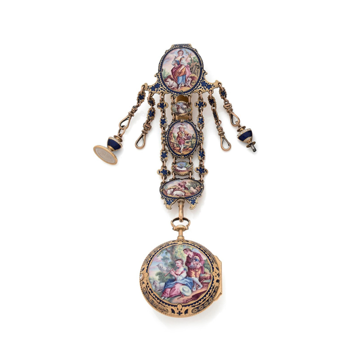 €5,824Allam, London, late 18th century, watch and chatelaine in enameled gold decorated with country scenes, gross weight 108.6 g (3.83 oz