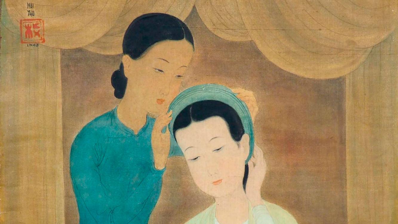 Mai-Thu (1906-1980), Jeunes filles au miroir, 1943, ink and colors on silk, signature... Vietnam on the Banks of the Garonne