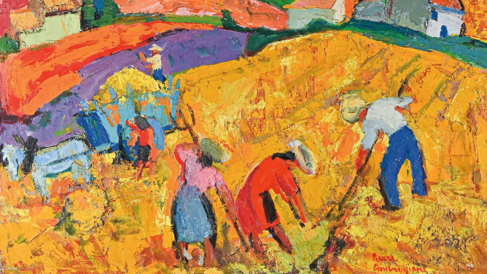 Pierre Ambrogiani (1907-1985), Scènes de fenaison en Provence, huile sur toile, 140 x 140 cm.... Un Ambrogiani sur commande