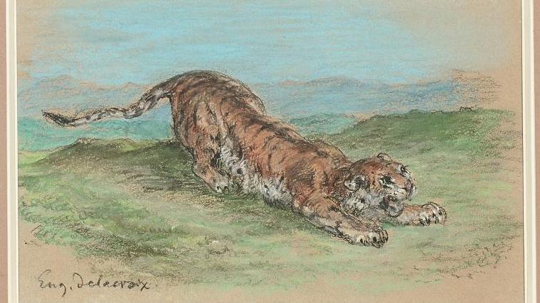 Eugène Delacroix (1798-1863), Tigre prenant son élan, 1848, pastel, 14 x 21,5 cm... La collection de Julie Reinach-Goujon