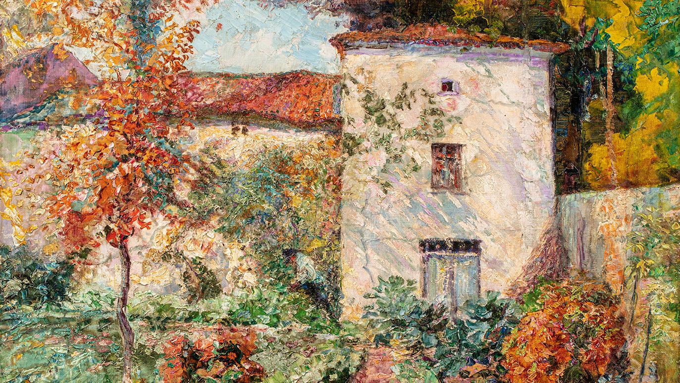 Victor Charreton (1864-1936), Le Potager en fleurs à l’automne, huile sur toile,... Murol, une école auvergnate