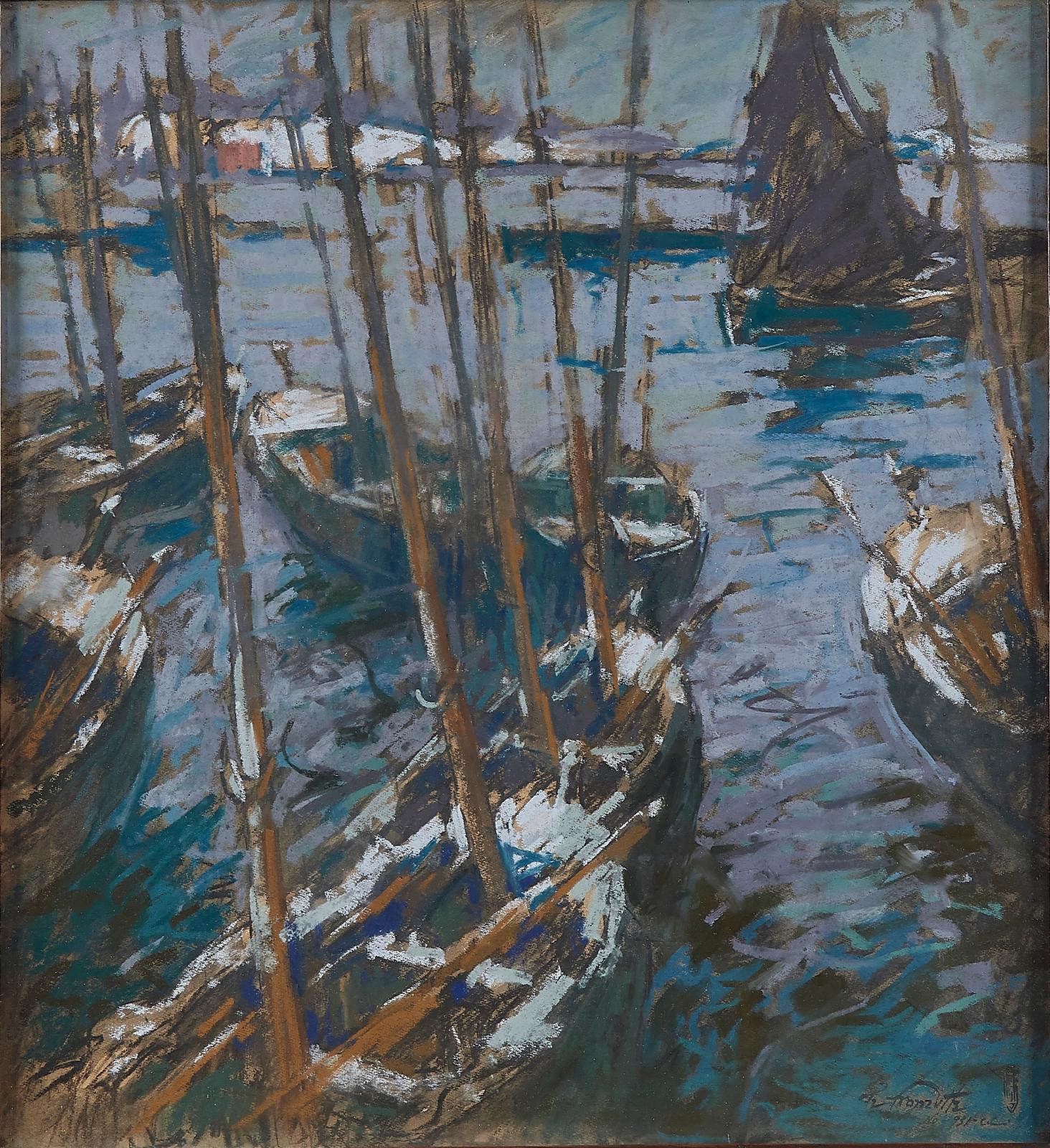 Charles Fromuth (1866-1937), Rythme hivernal sur le port ou Winter Rhythm, 1929, dessin au pastel, signé, monogrammé, référencé N° 931-C.C