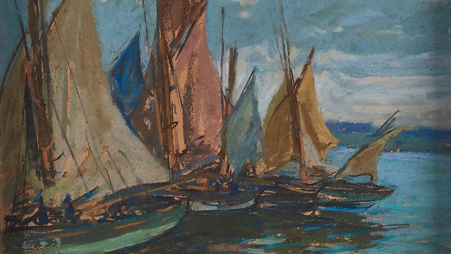Charles Fromuth (1866-1937), Une flottille de thoniers au port de Concarneau, dessin... Un Américain à Concarneau
