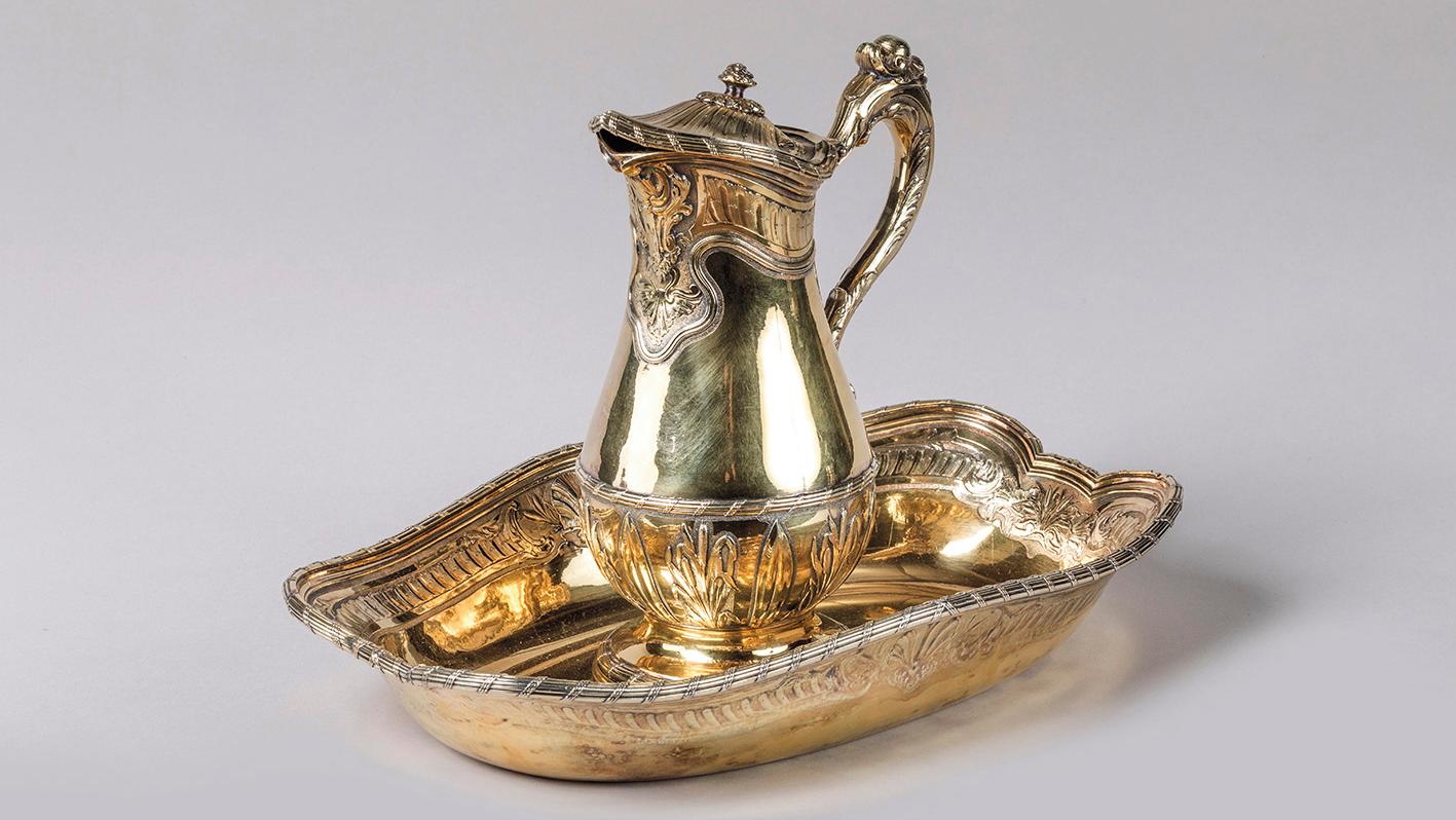 Paris, 1742, ewer and basin in silver-gilt by Gilles-Claude Gouel (admitted as master... V for Vermeil