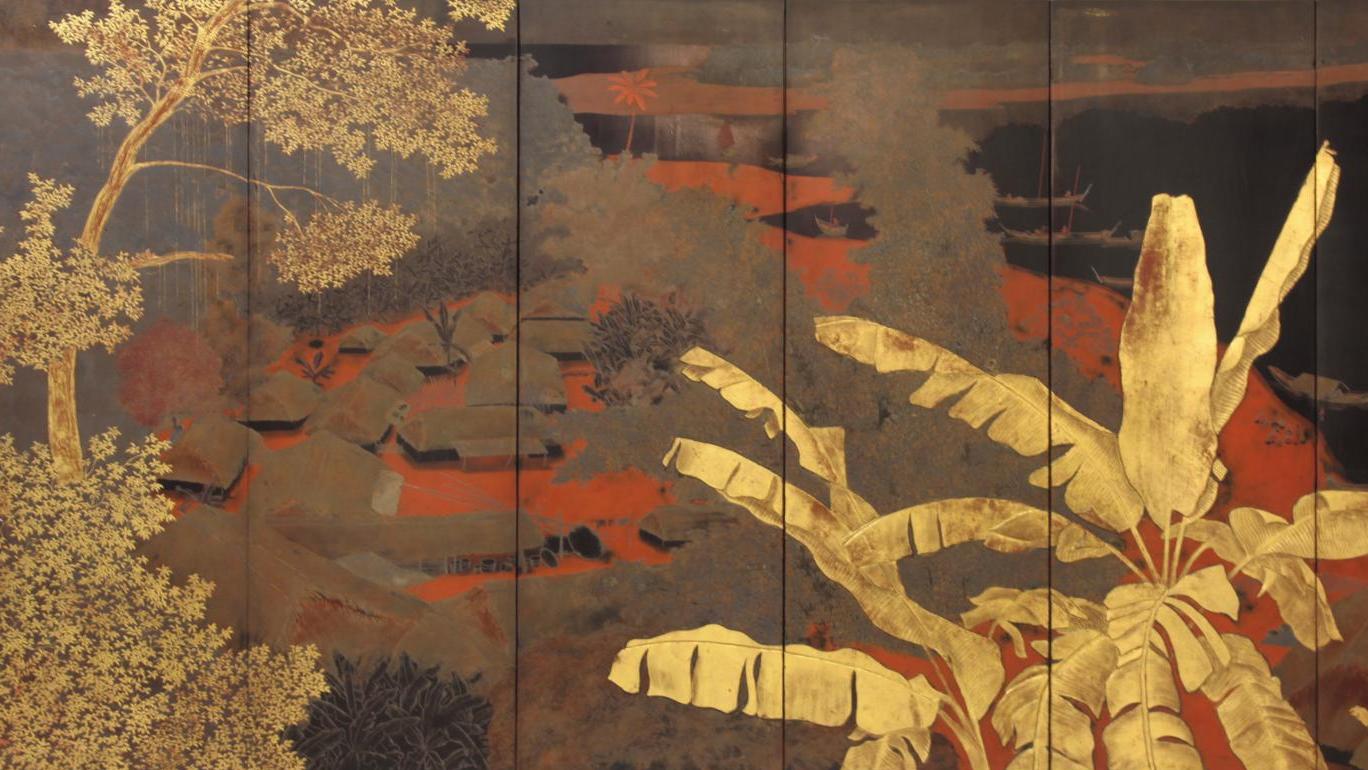 Lê Quoc Loc (1918-1987), Paysage d’un village, 1943, paravent à six feuilles en bois... Lê Quoc Loc : les palmes du succès