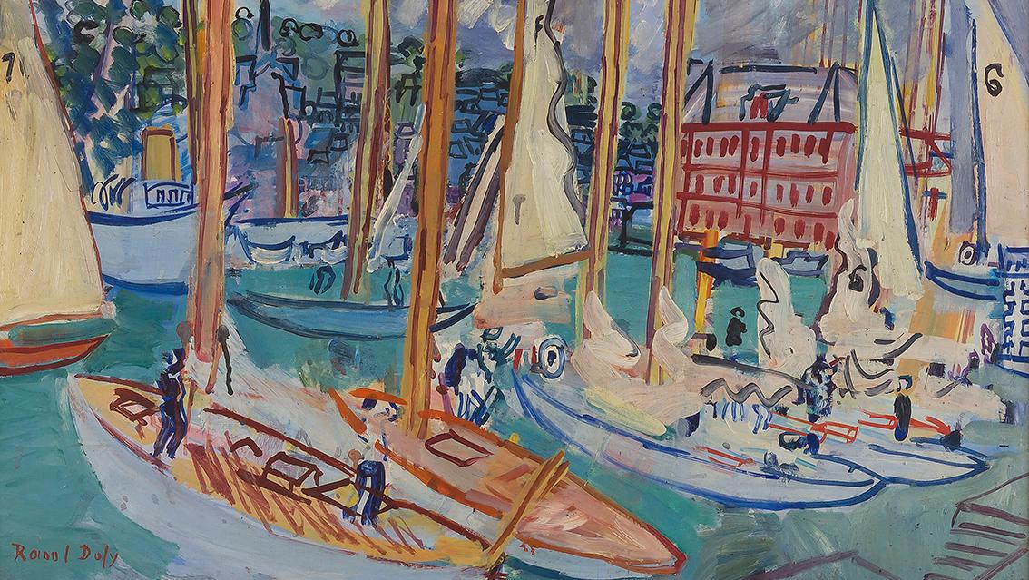 Raoul Dufy (1877-1953), Voiliers dans le port de Deauville, vers 1935, huile sur... Mettre les voiles avec l’art moderne 