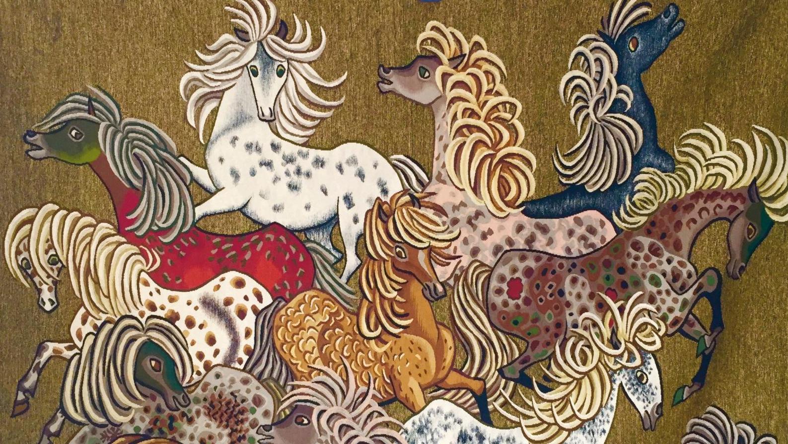 Dom Robert (1907-1997), Western, tapisserie en laine polychrome, signée, monogrammée... Les petits chevaux fougueux de Dom Robert