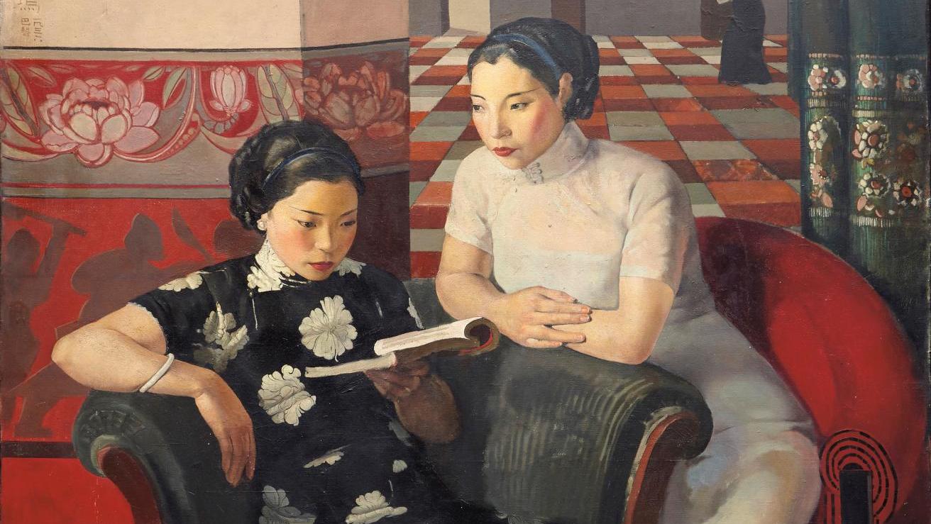 Chang Shuhong (1904-1994), Deux sœurs au salon, 1936, huile sur toile signée, située... Parfum de femmes par Chang Shuhong