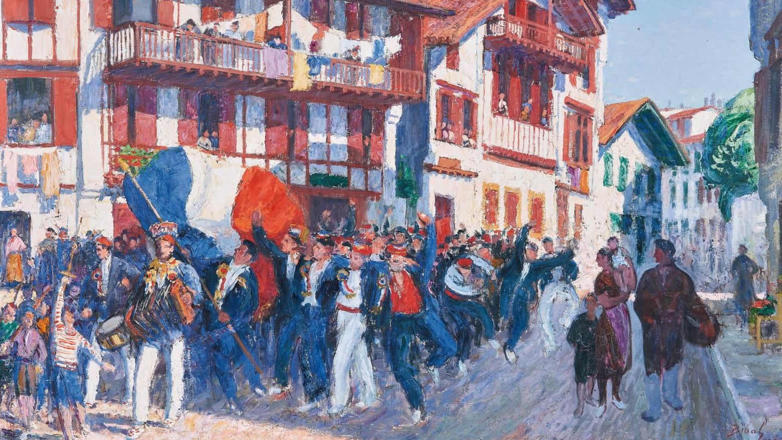 François-Ignace Bibal (1878-1944), Procession dans les rues de Ciboure, 1925, huile... De Gomez à Bibal, l’art de vivre basque