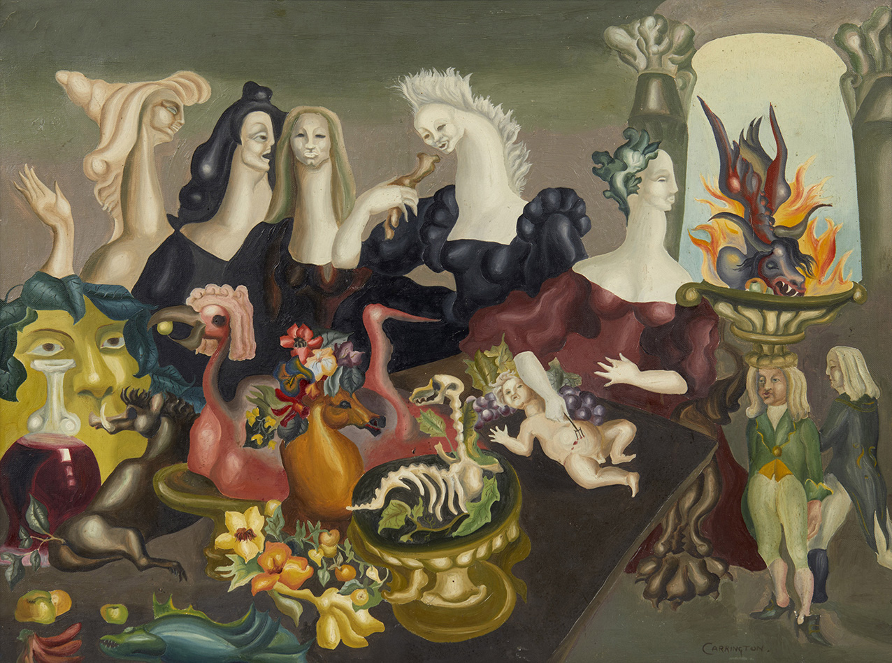 Leonora Carrington (1917-2011), Le Repas de Lord Candlestick (Lord Candlestick's Meal), 1938, oil on canvas, 46 x 61 cm (1.5 x 2 ft).