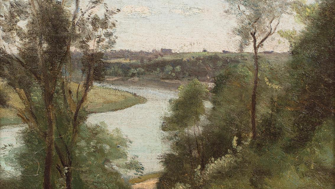 Camille Corot (1796-1875), Une rivière vue de haut à travers les arbres, huile sur... Un air de poésie, et d’Italie