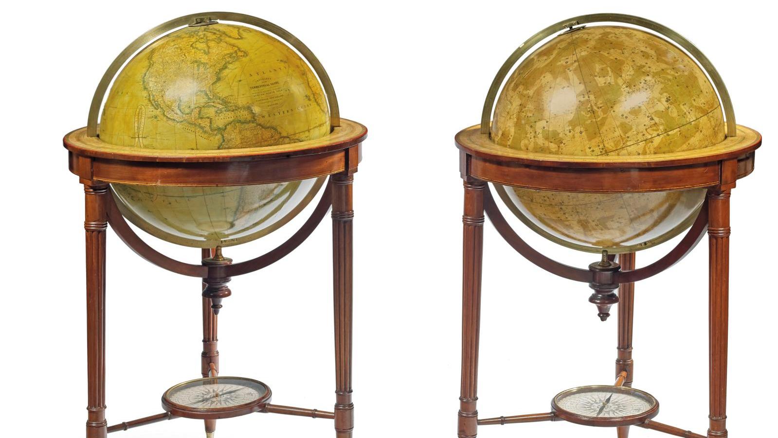 George Frederick Cruchley (1797-1880), paire de globes terrestre et céleste supportés... Cruchley entre ciel et terre