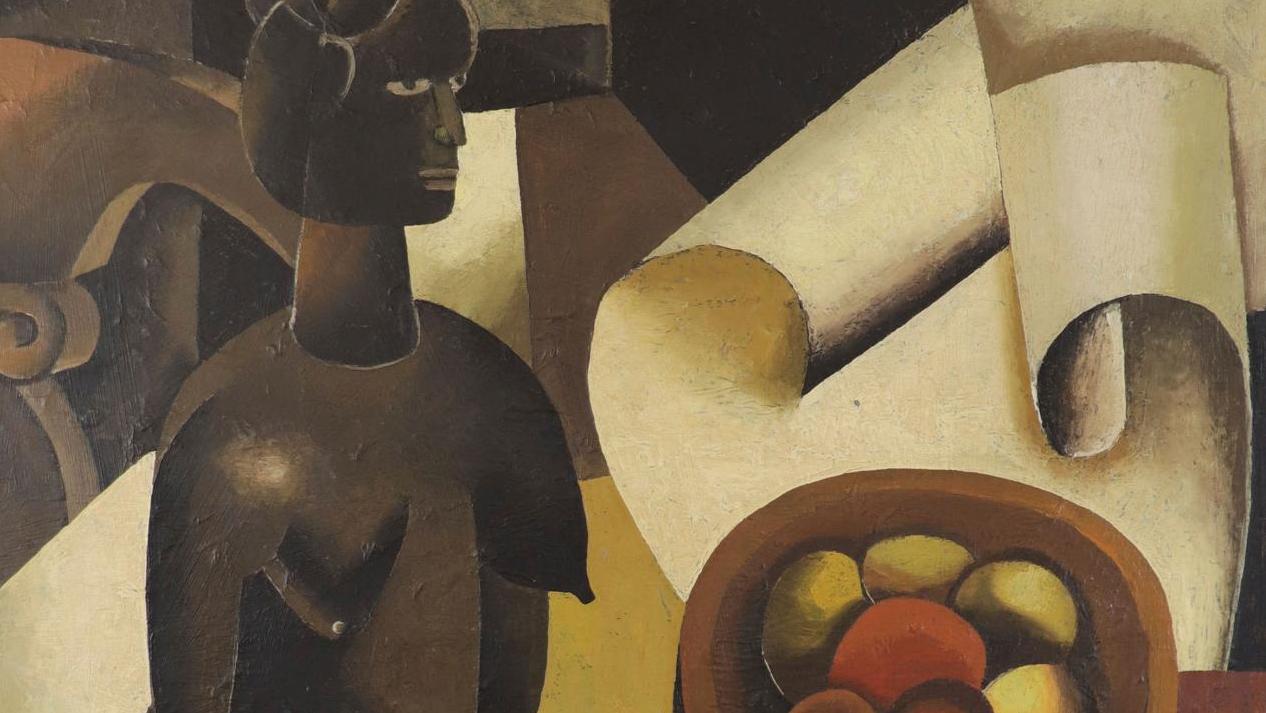 Raoul Hynckes (1893-1973), Nature morte cubiste à la statuette baoulé, huile sur... Raoul Hynckes, art africain et cubisme