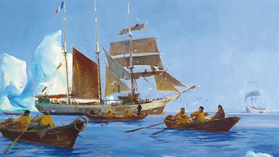 Roger Chapelet (1903-1995), Le Madiania en mer arctique, huile sur Isorel signée,... En compagnie des terre-neuvas
