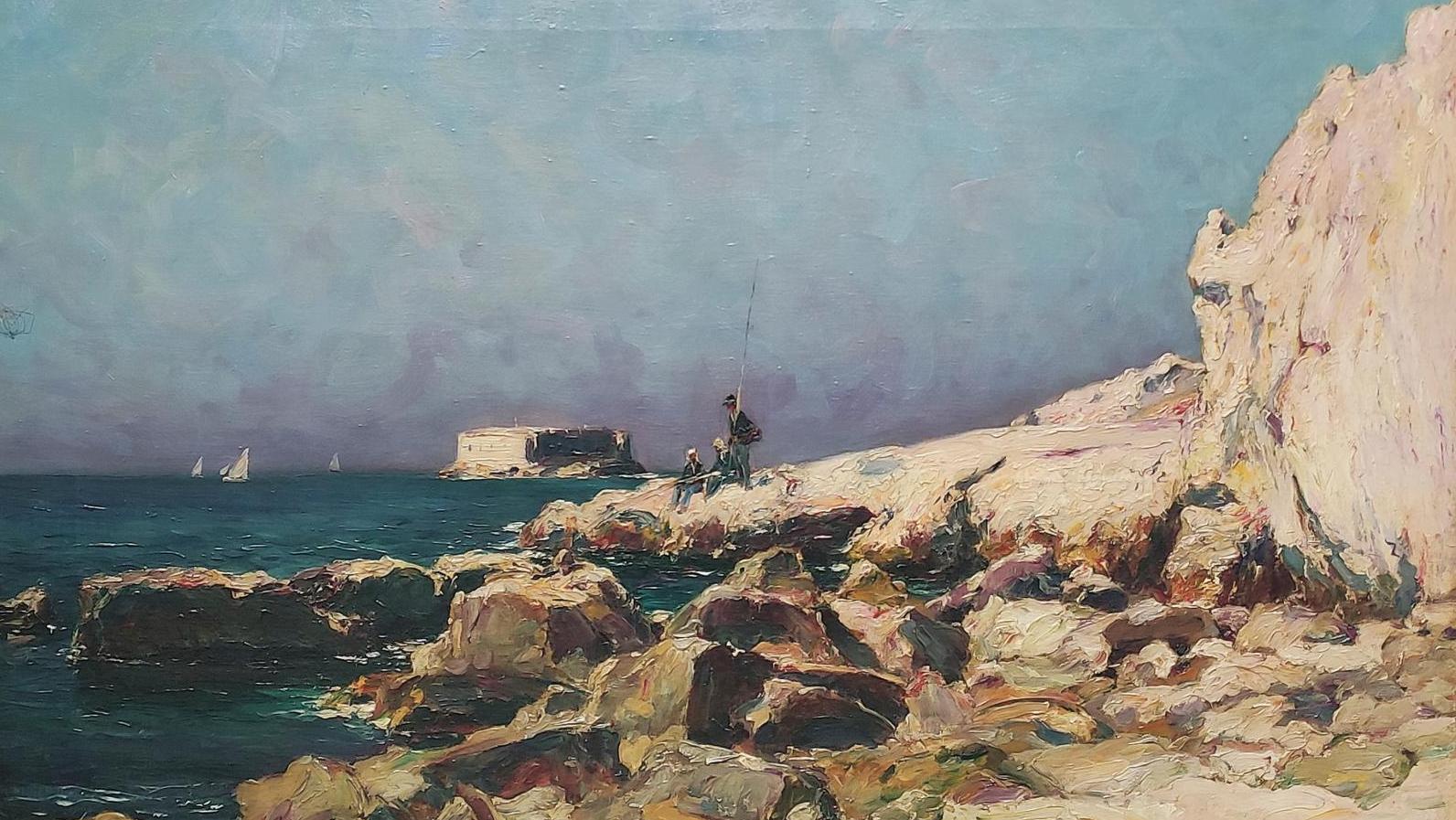 Jean-Baptiste Olive (1848-1936), Un coin de corniche, Marseille : l'îlot Gaby, huile... Jean-Baptiste Olive : suivez le guide !