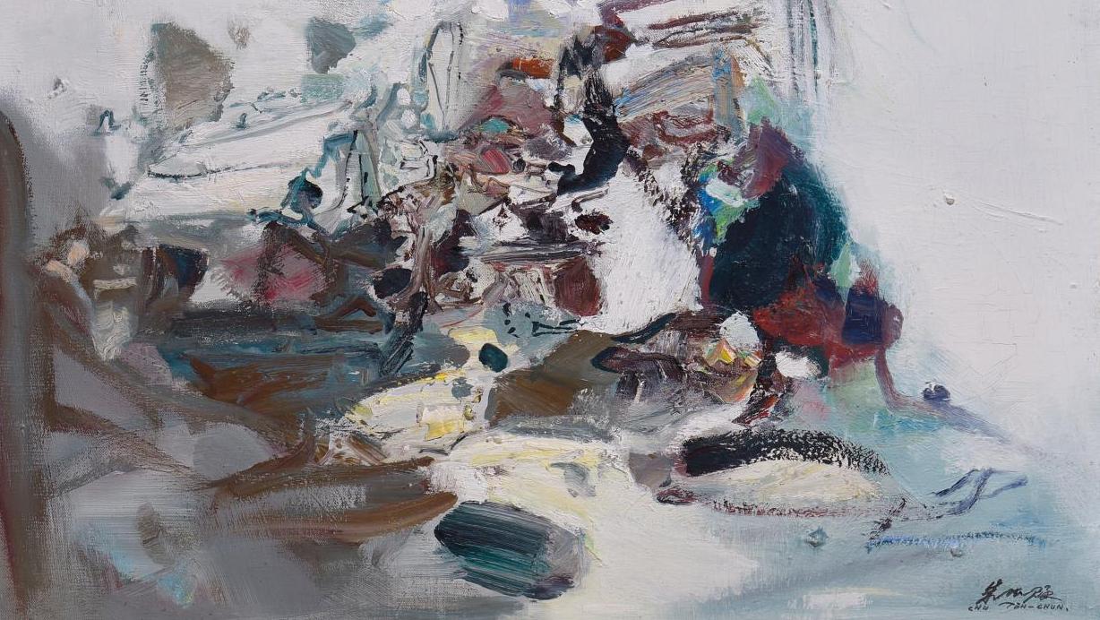 Chu Teh-chun (1920-2014), Composition n° 467, 1972, huile sur toile, signée, contresignée,... Évaporation dans un blanc céleste 