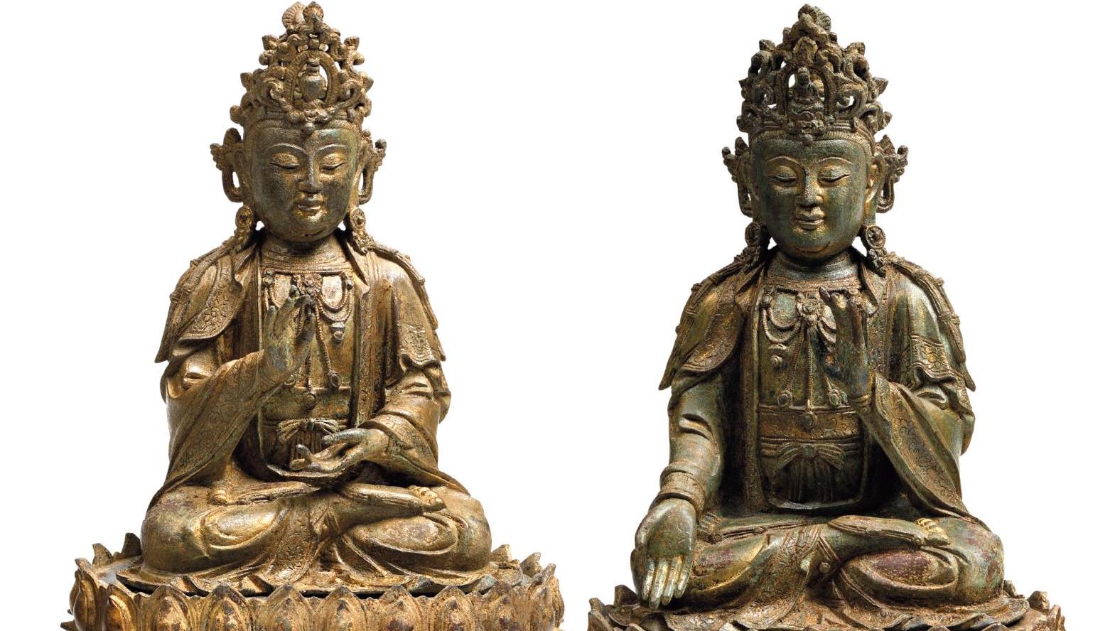 Chine, période Ming, XVIe siècle. Sujets formant pendant, en bronze anciennement... Sculptures du Vietnam et de Chine