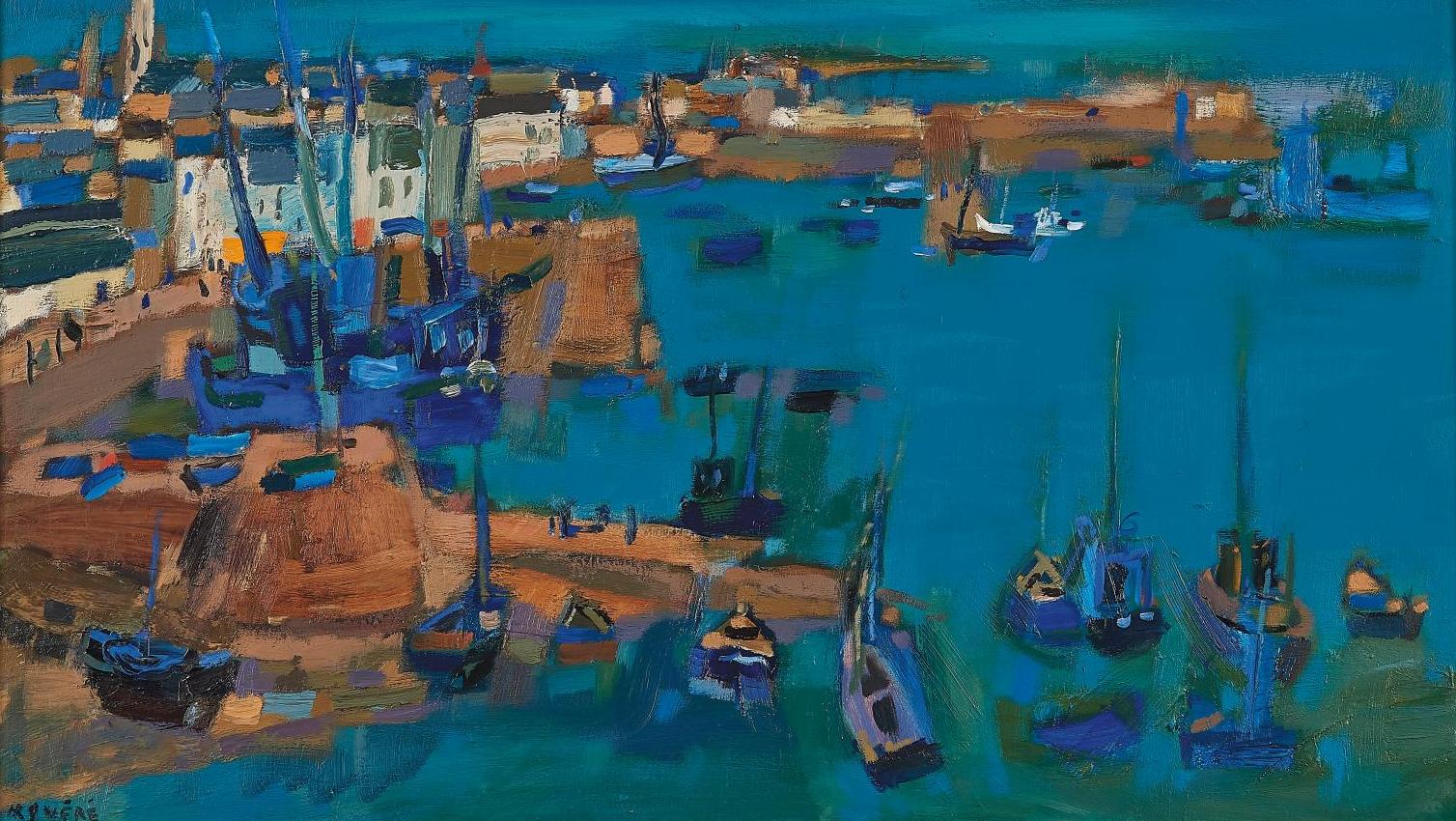 René Quéré (né en 1932), Douarnenez, huile sur toile datée «août 1973», 71,5 x 114 cm... Des quais de Douarnenez aux sables de la Mauritanie