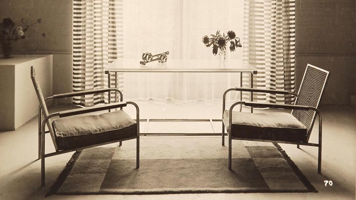 Studio, nickel plated metal furniture, fabrics and carpets by Elise Djo-Bourgeois,... Djo-Bourgeois, A Shooting Star