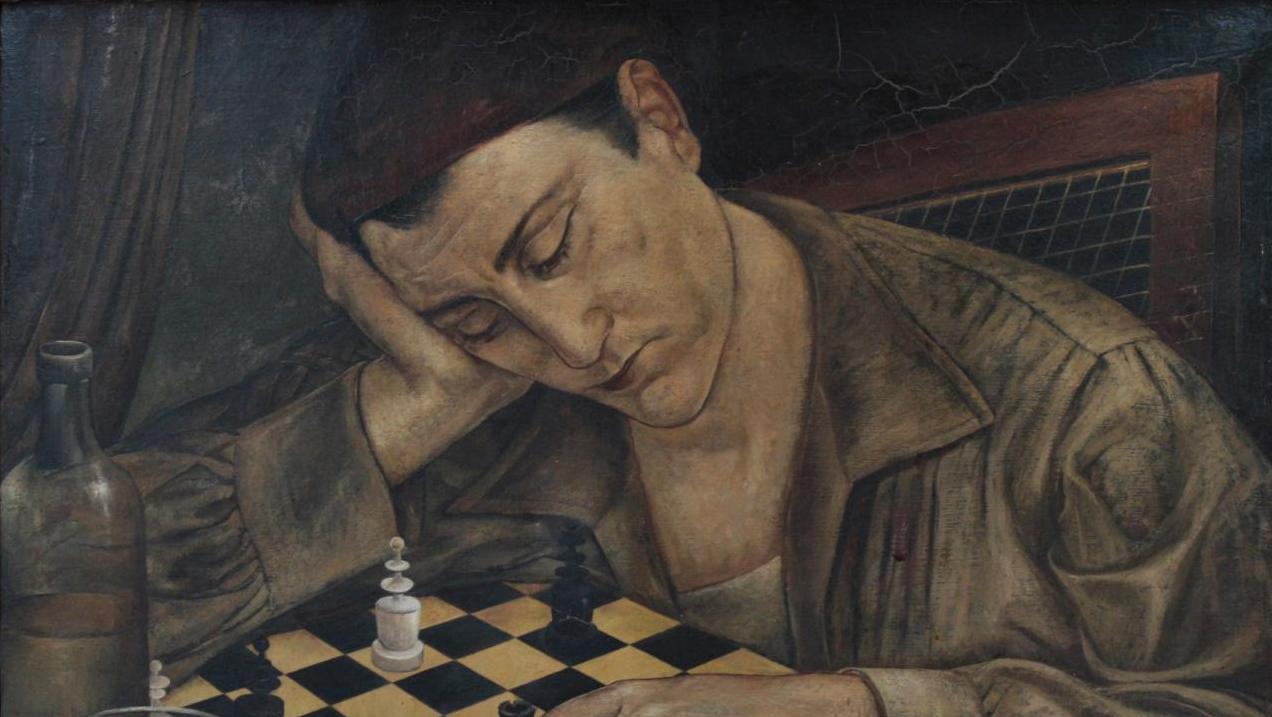 Ivan Babij (1896-1974), Le Joueur d’échecs, huile sur toile signée, 51 x 65 cm. Adjugé :... Échec et mat poétique par Ivan Babij 
