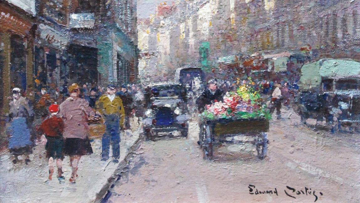 Édouard Cortès (1882-1969), Caen, rue Saint-Jean animée, huile sur toile signée,... Les rues de Caen sous le pinceau de Cortès