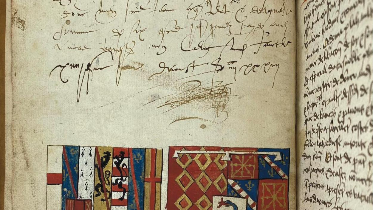 Traité d’héraldique, 1594, manuscrit de 96 feuillets et 6 feuilles de table, in-8°... Les mystères de l’héraldique dévoilés