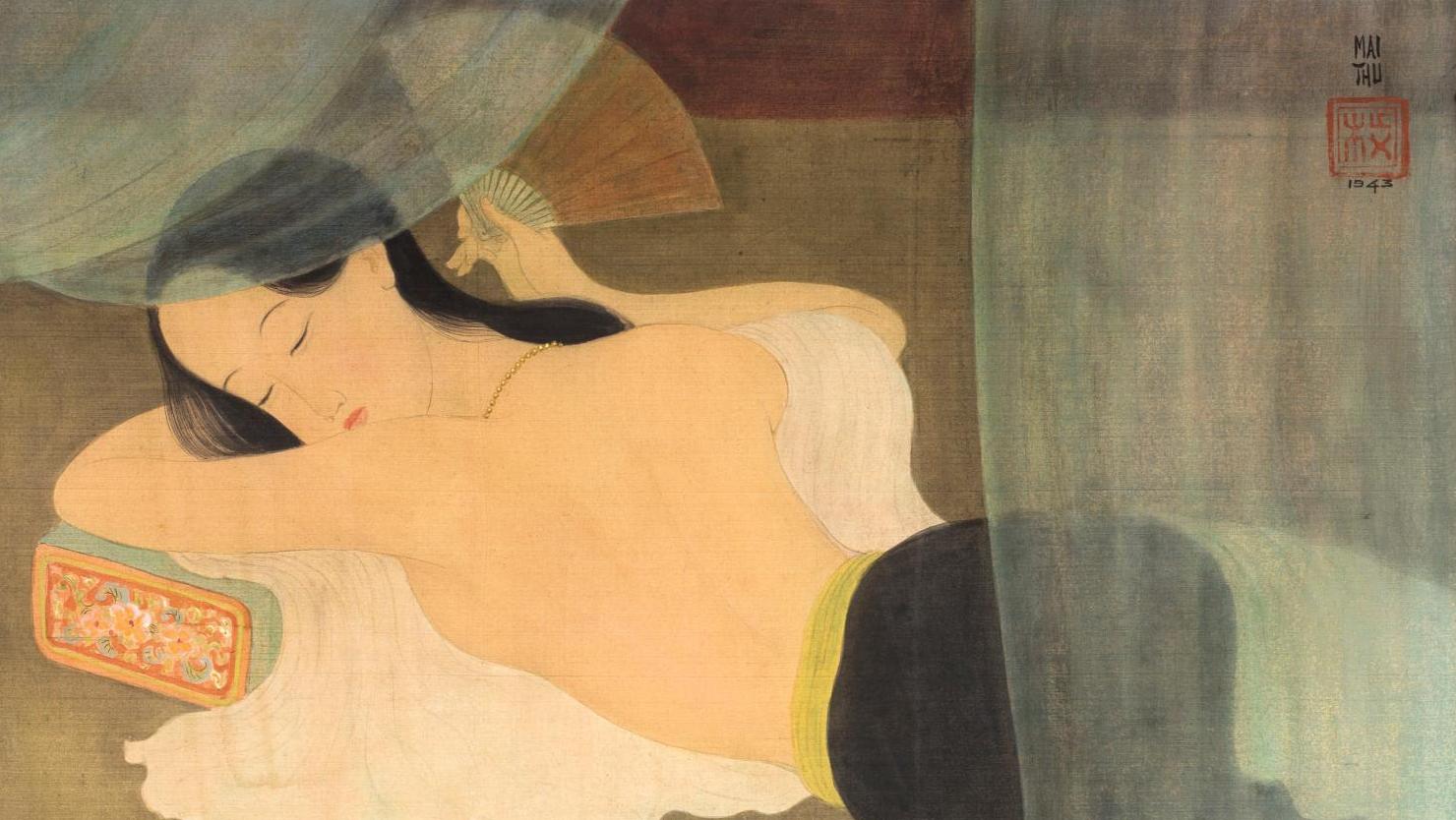 Mai Trung Thu (1906-1980), Le Sommeil, encre et couleurs sur soie, signée et datée... Une odalisque de Mai Trung Thu