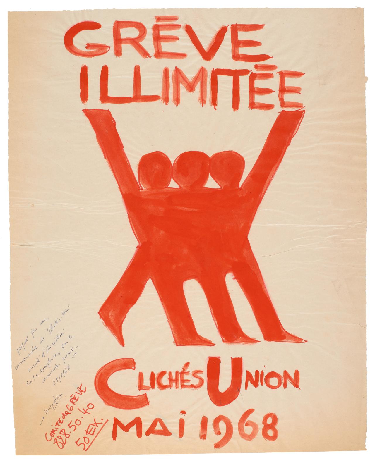 Grève illimitée, clichés Union, mai 1968, projet d’affiche, peinture, Beaux-Arts de Paris.
