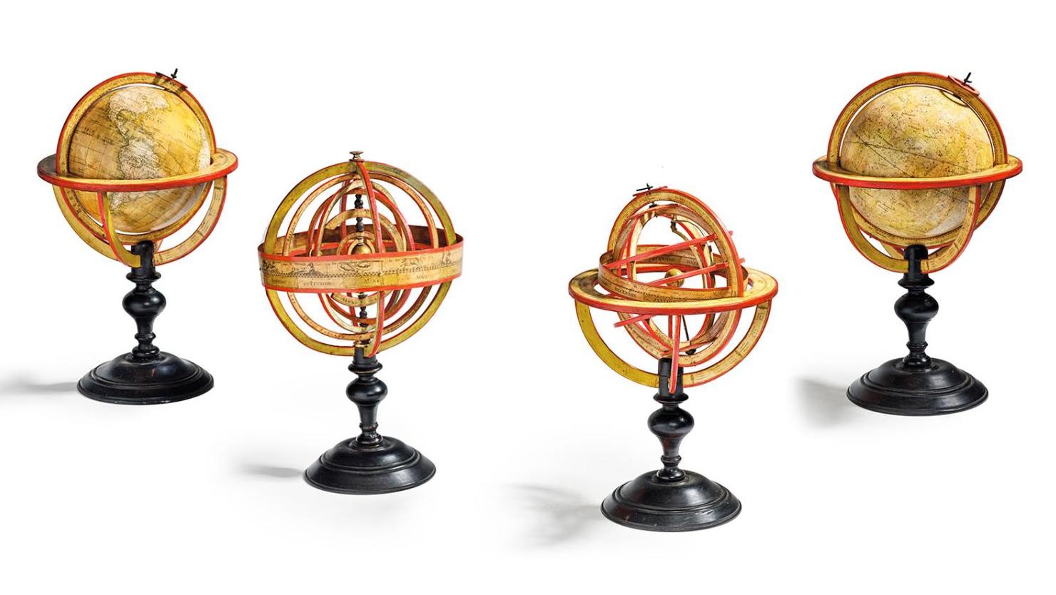 Claude Félix Delamarche (1779-1835), ensemble de quatre sphères en carton et papier... Le temps des globes