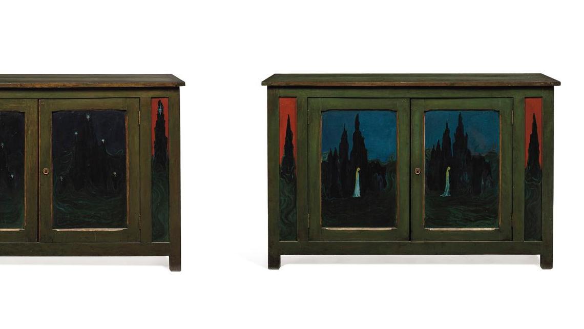 Boleslas Biegas (1877-1954), suite de deux meubles en bois laqué vert présentant... Biegas, un sculpteur dans ses meubles